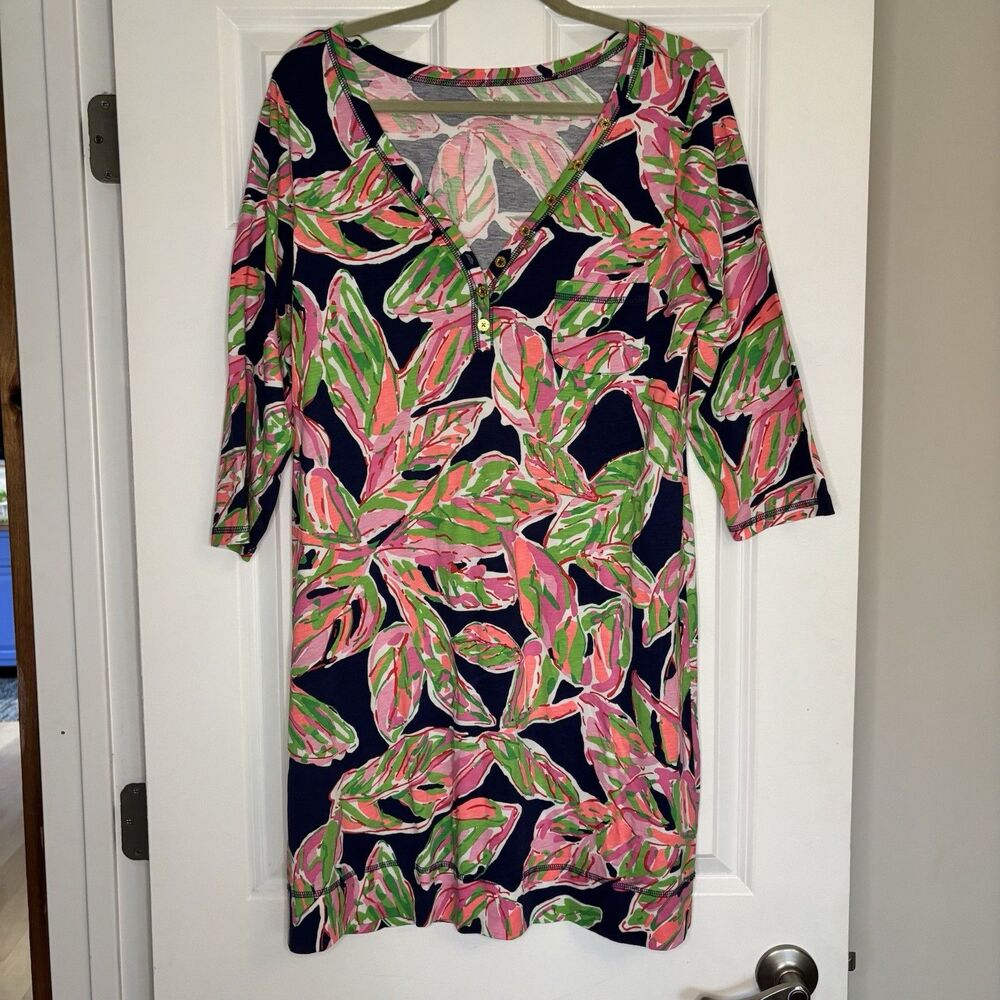Lilly Pulitzer Pima Cotton Palmetto Print Three-Quarter Sleeve Dress Sz XL